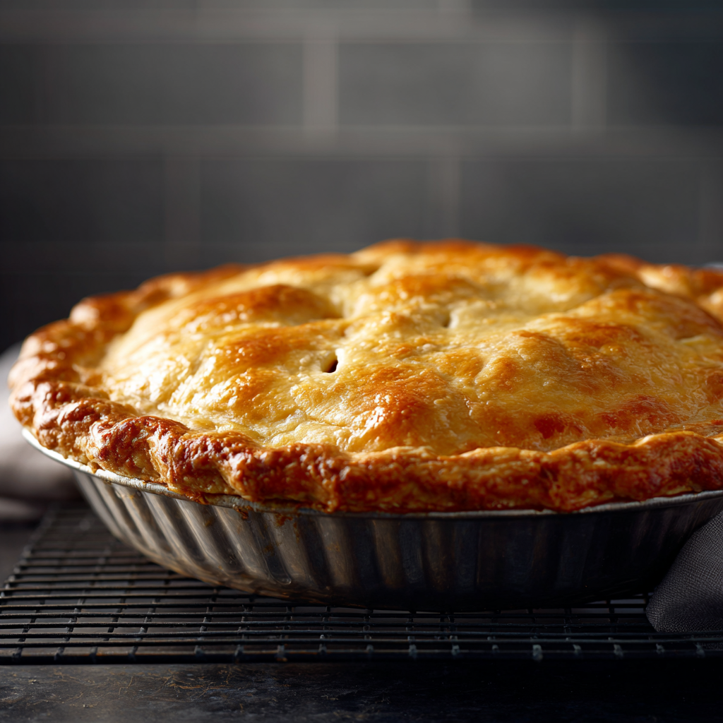 The finished, perfectly golden-brown chicken pot pie resting on a cooling rack after baking.