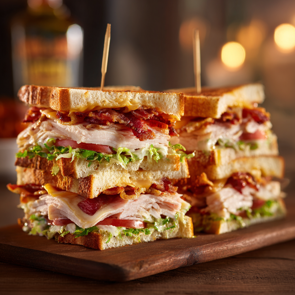 The completed, three-layer Turkey Club Sandwich, cut into perfect quarters and staged with Blazing Citrus Medium sauce.