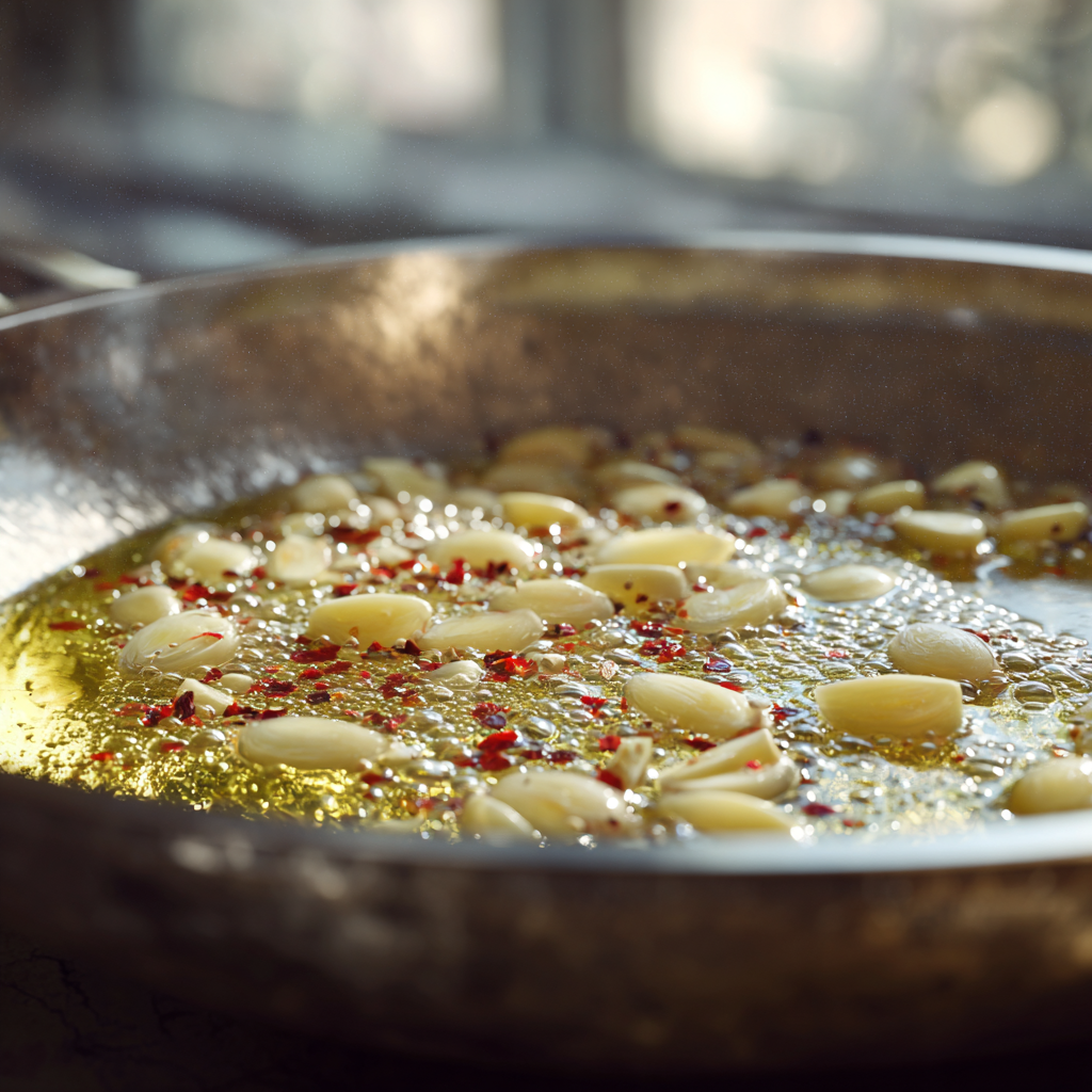 sliced garlic and red pepper flakes sizzling in olive oil in a large skillet