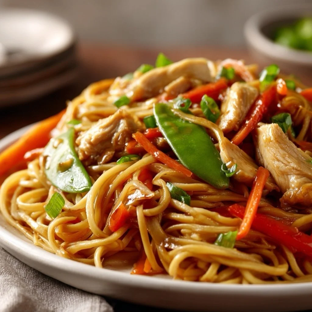 finished lo mein being served