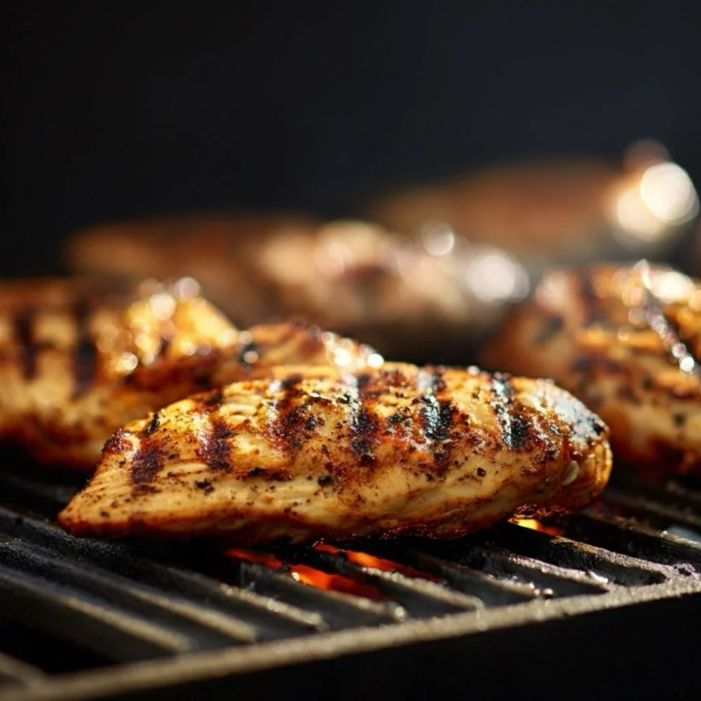 Chicken cooking on the grill for the burrito bowls.
