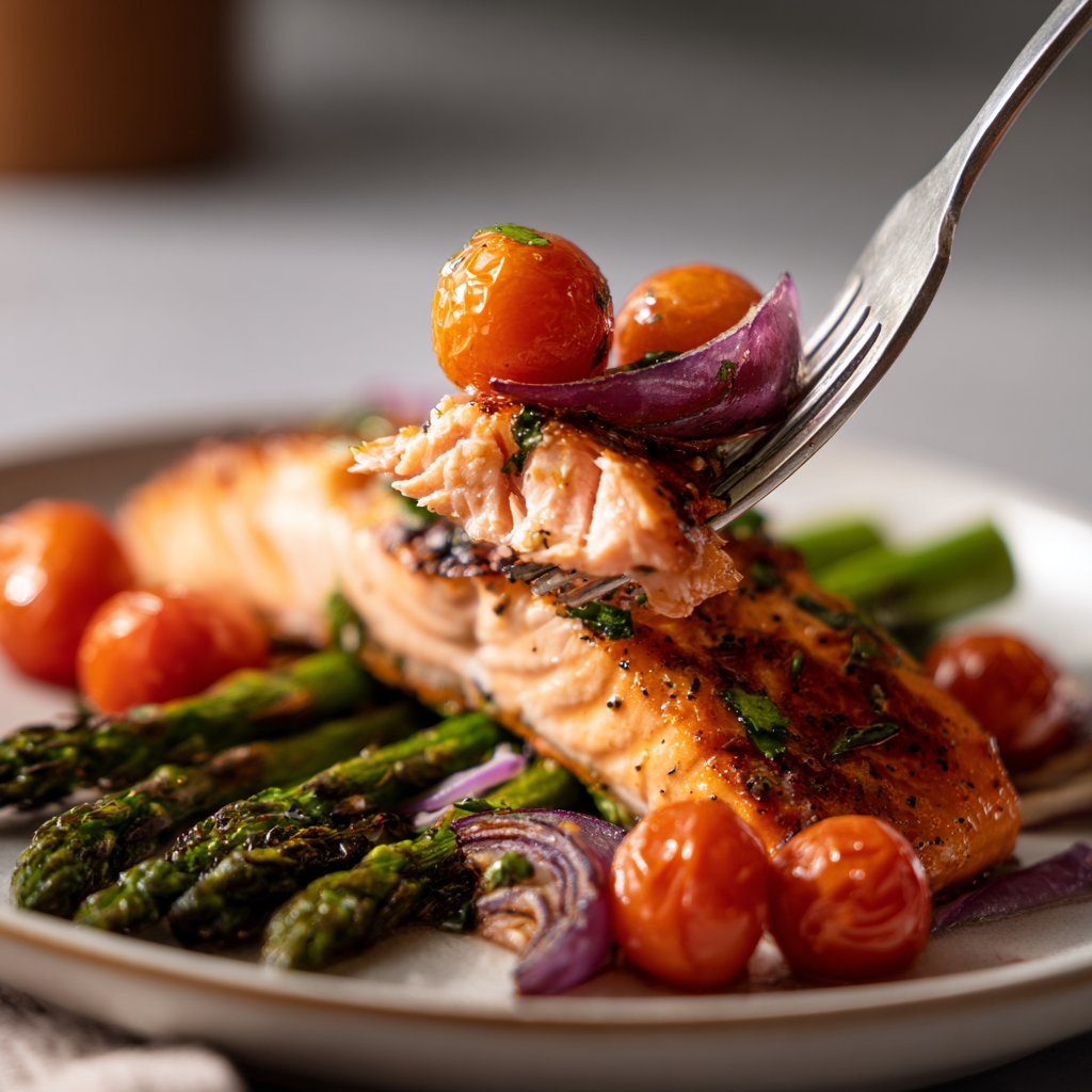 bite of oven backed salmon with cherry tomatoes on a fork