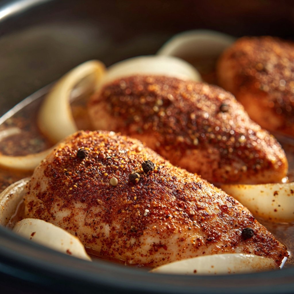 Chicken breasts and chopped onions placed inside a slow cooker insert
