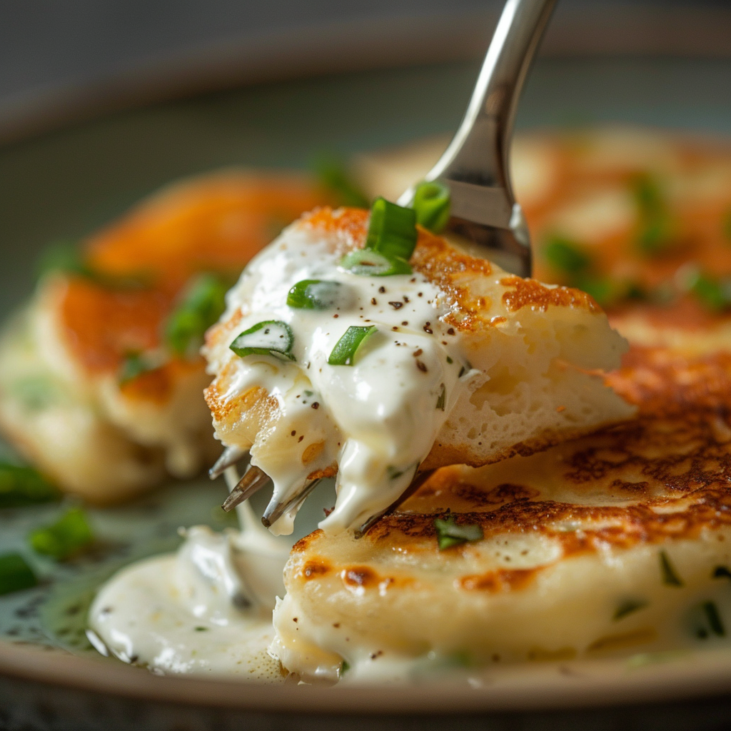 close up bite of savory pancake