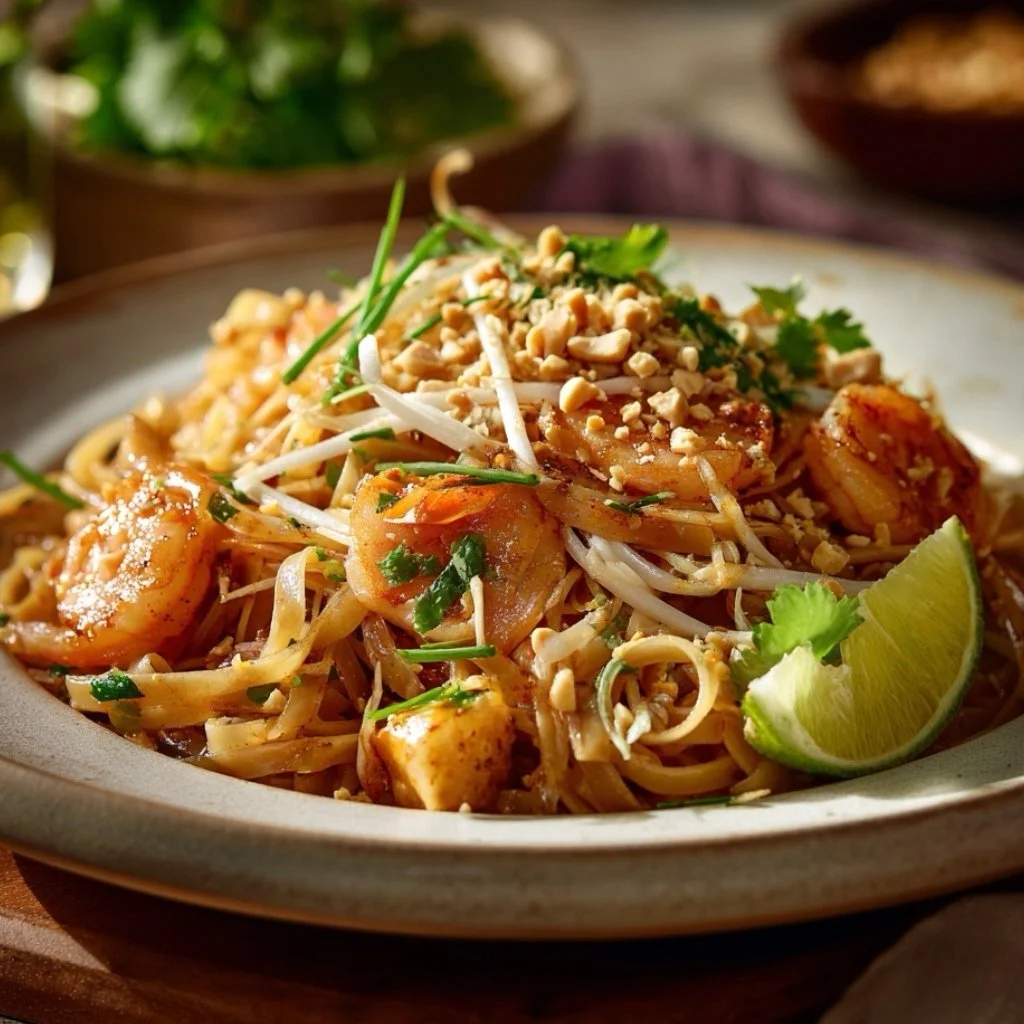 Final photo of the quick and easy shrimp Pad Thai recipe, topped with fresh scallions and peanuts.