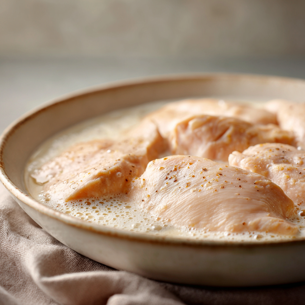 Boneless chicken breasts submerged in buttermilk in a white ceramic bowl.