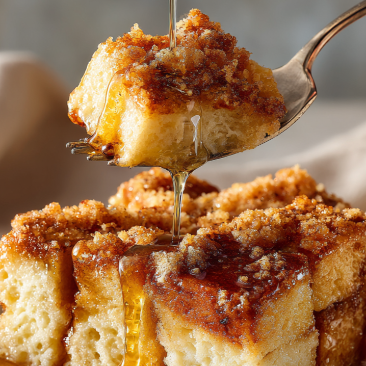 cinnamon and sugar crumbles over French toast bake