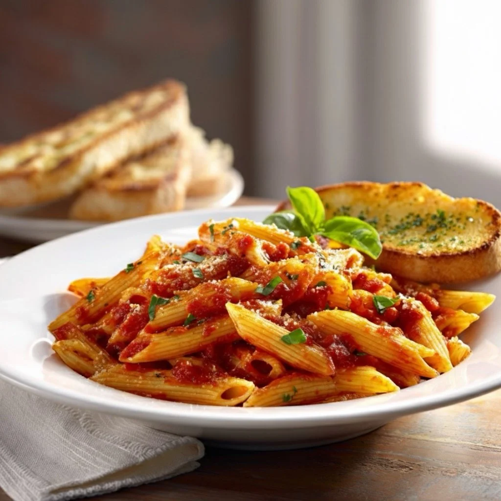 finished bowl of penne arrabiata topped with fresh basil, grated cheese, and a drizzle of Blazing Citrus Hot sauce