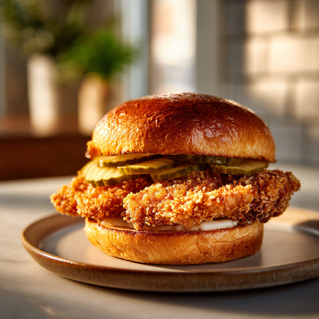 The completed crispy chicken sandwich, served on a bun with pickles, highlighting the optional fiery glaze from Blazing Citrus Hot sauce.