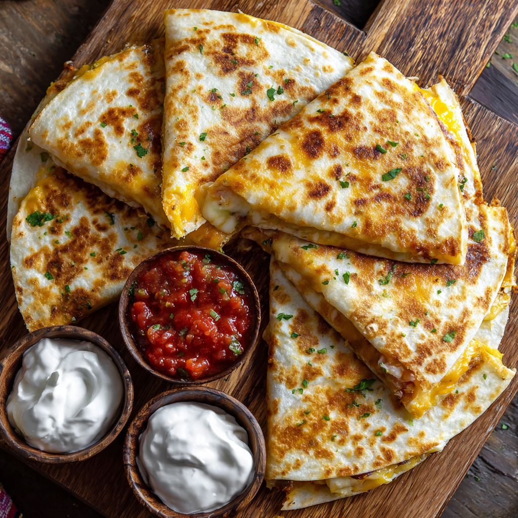 quesadilla wedges arranged on a serving plate with small bowls of salsa and sour cream