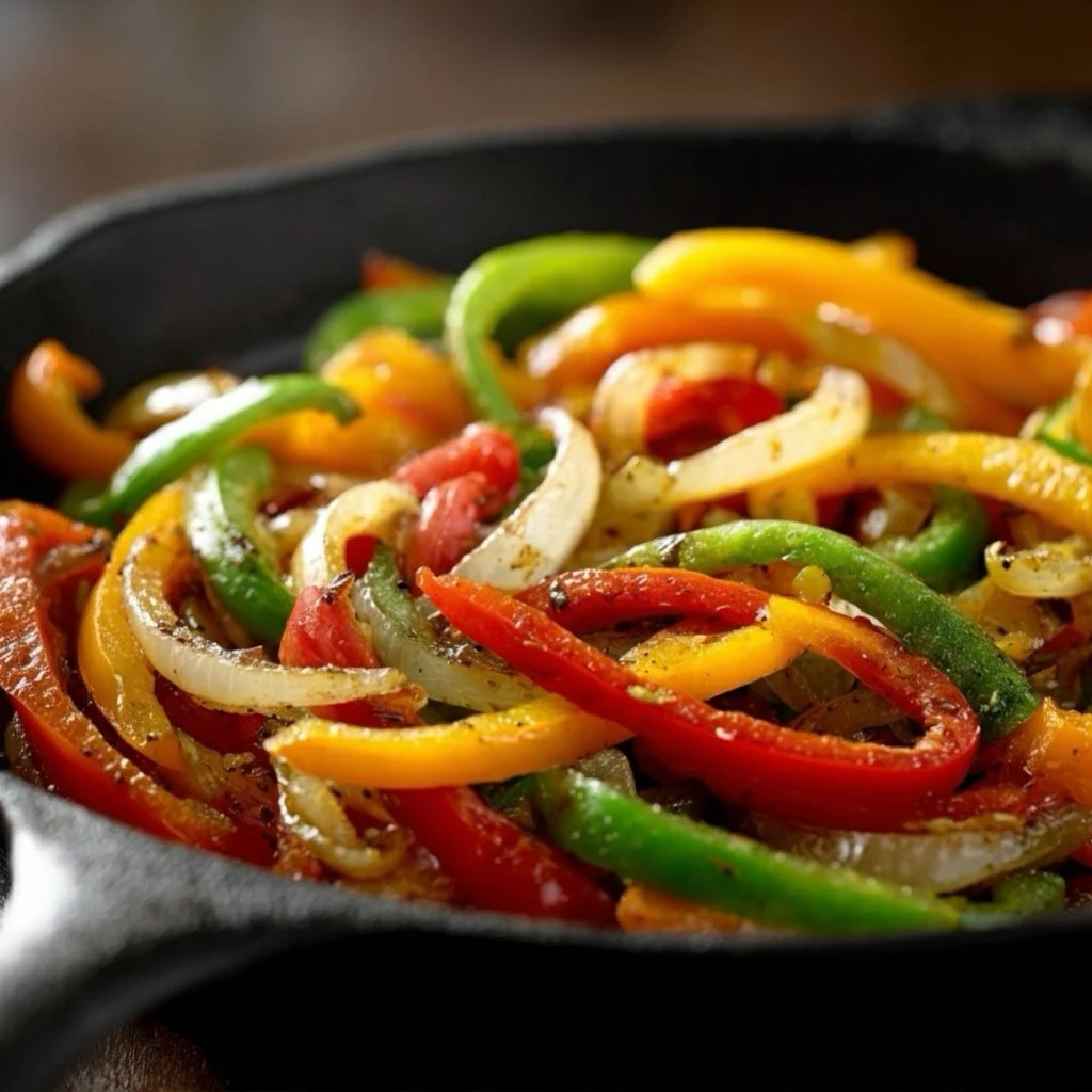 Peppers and onions sautéing in the cast iron skillet.