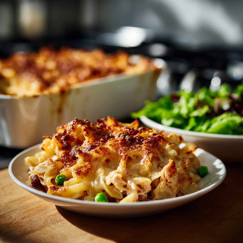 Tuna Noodle Casserole served in a white bowl with a spoon, showing a drizzle of WesMarMi Verde hot sauce