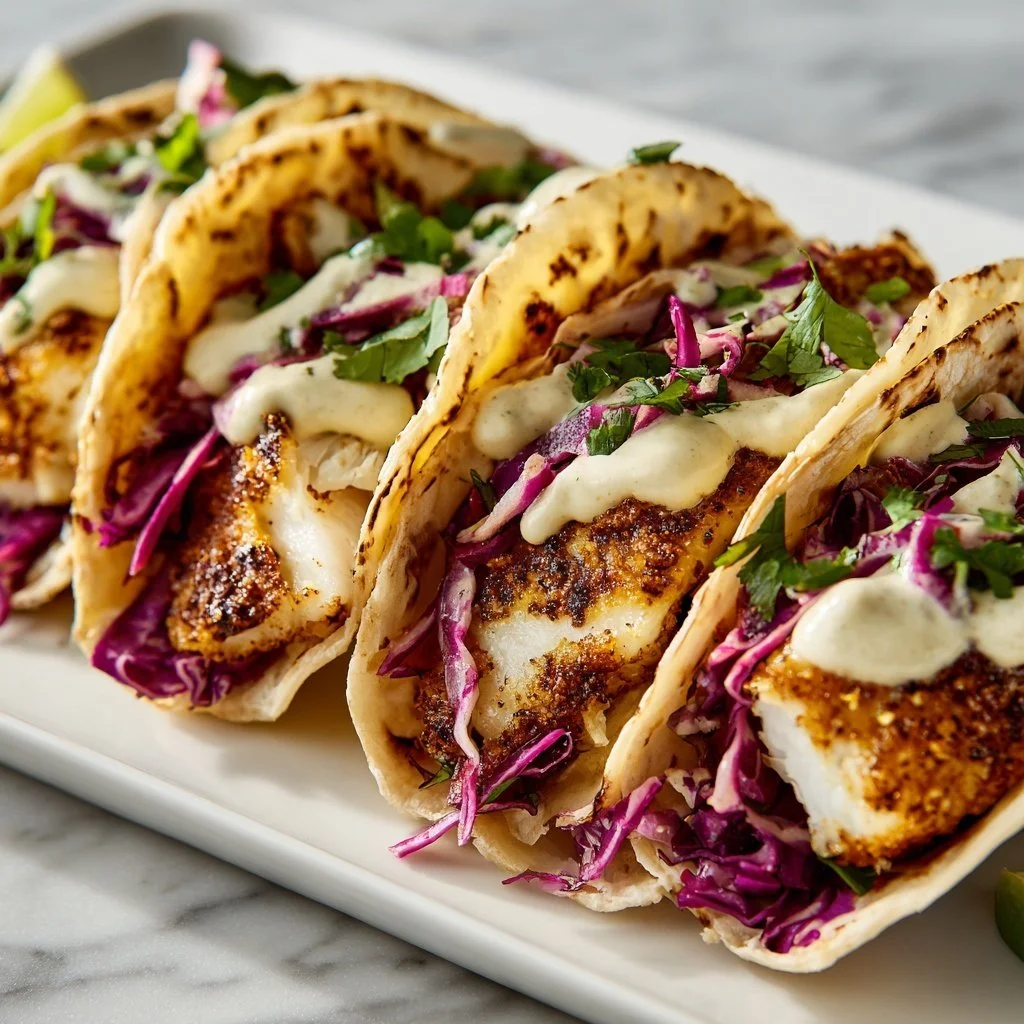 Assembled fish tacos in a row on a white plate