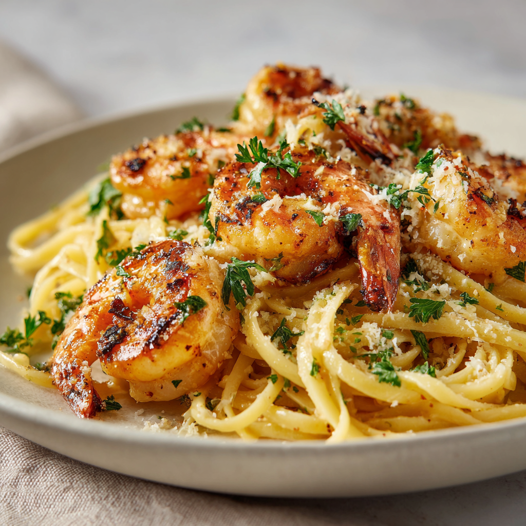Finished creamy garlic shrimp linguine being tossed in the plate
