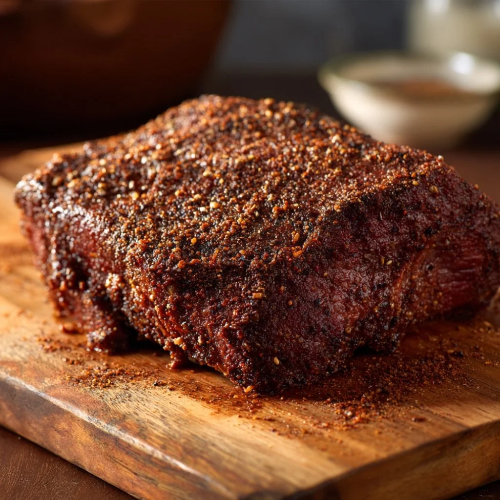 Beef brisket coated in a dry spice rub