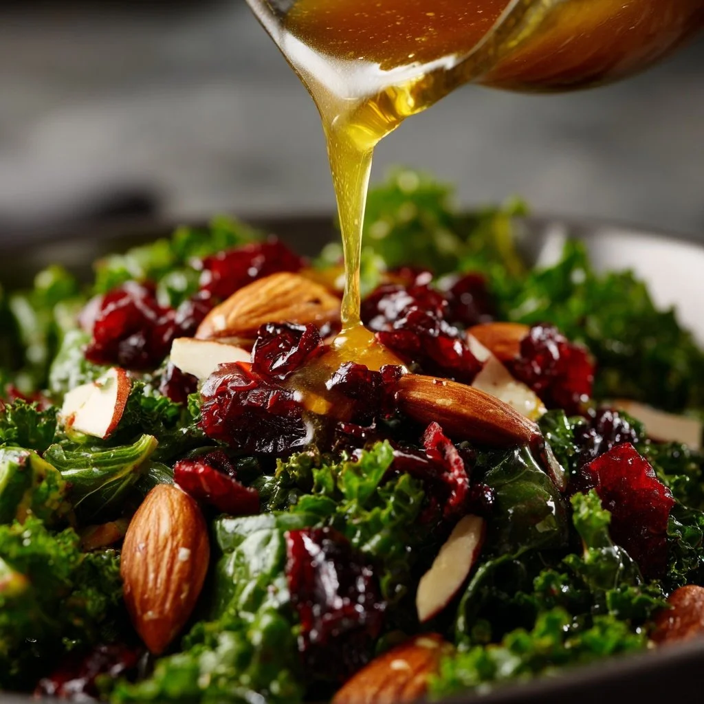 Dressing being poured over kale salad