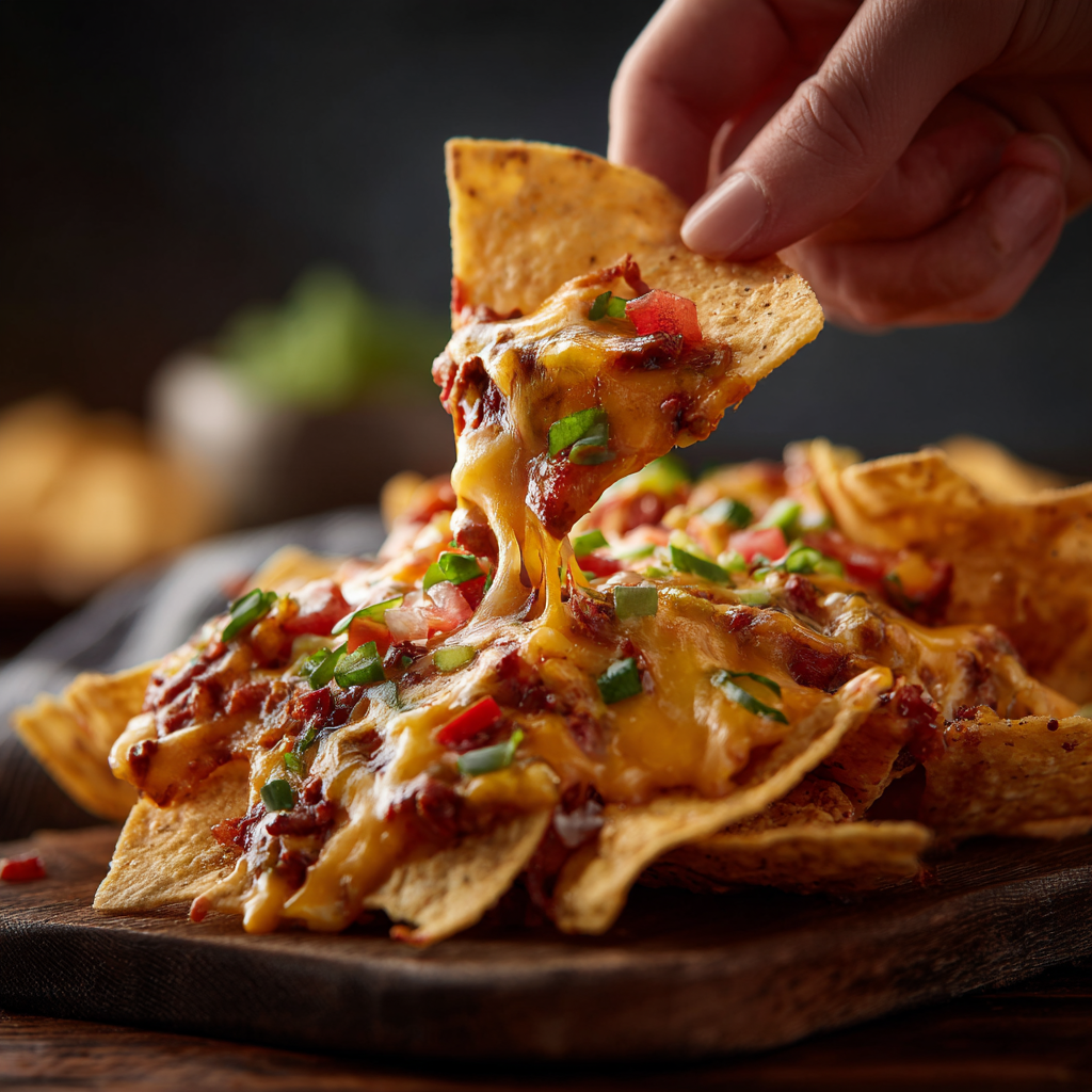 Supreme nachos being picked up with fingers