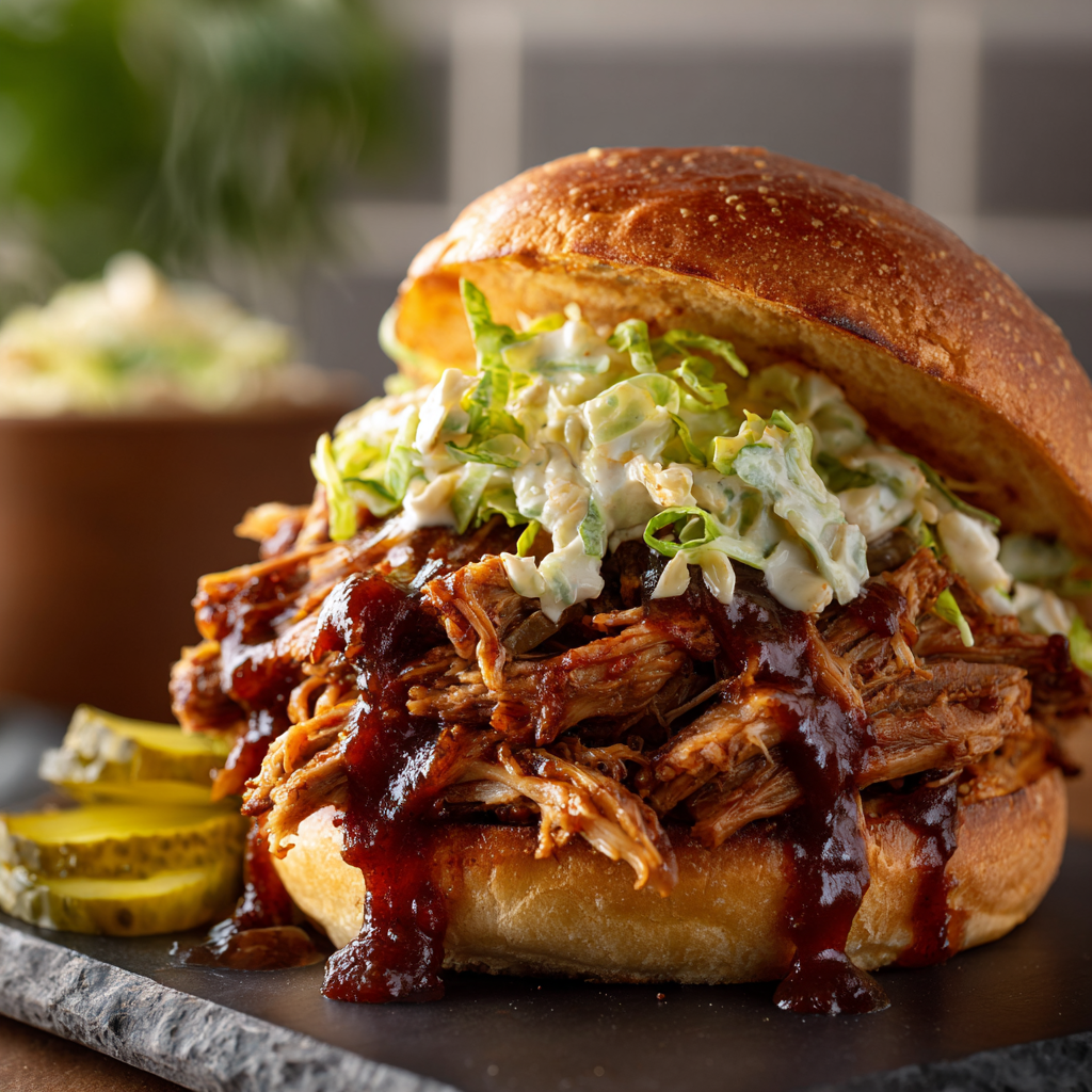 The final pulled pork sandwich on a toasted brioche bun with coleslaw, ready to serve, staged with an Eleven Eleven Sauce bottle.