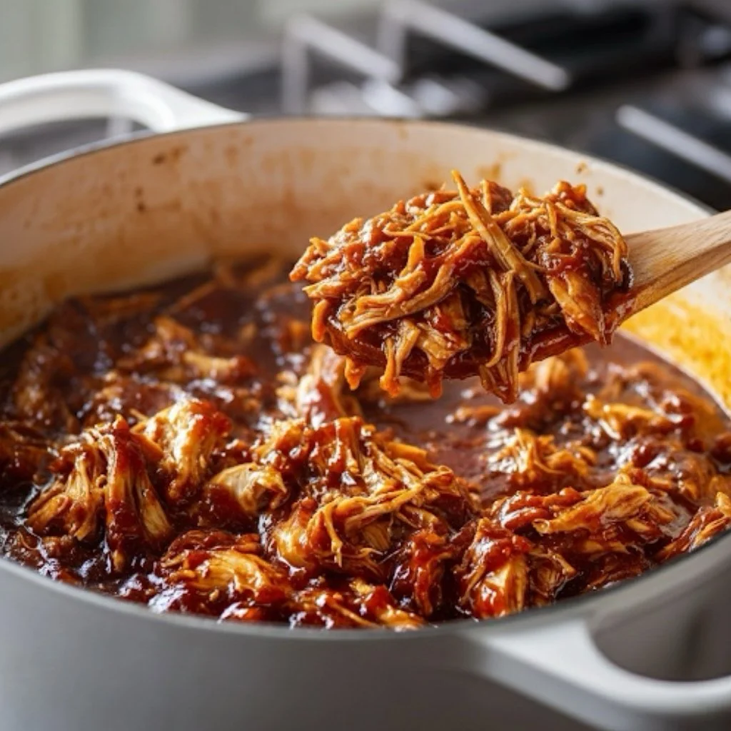Shredded chicken coated in a rich BBQ-style sauce inside the slow cooker