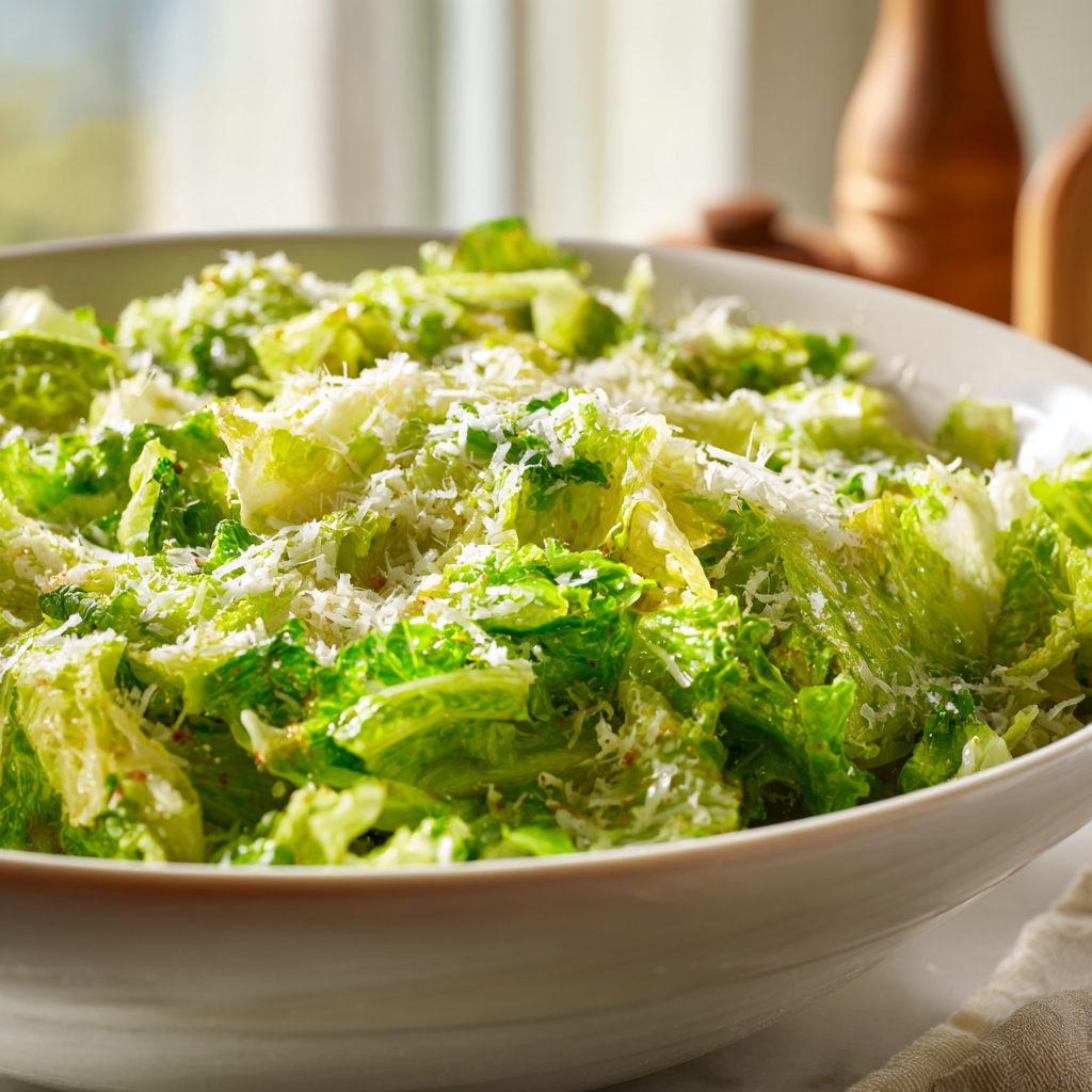 Step two: the base of the Caesar salad, chopped romaine and Parmesan, being mixed in a large white bowl.
