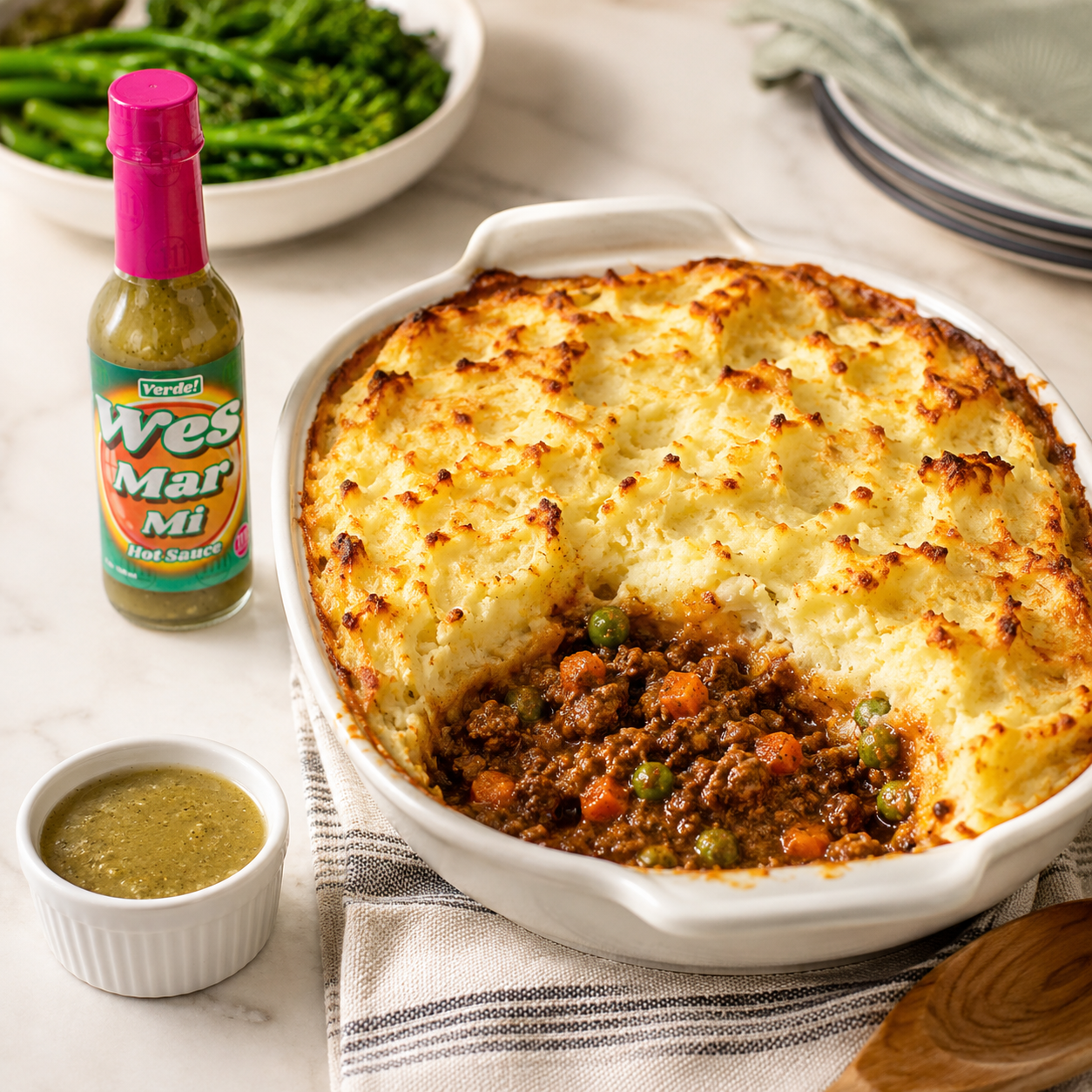 Shepherd's pie with wesmarmi verde mild hot sauce from eleven eleven sauce