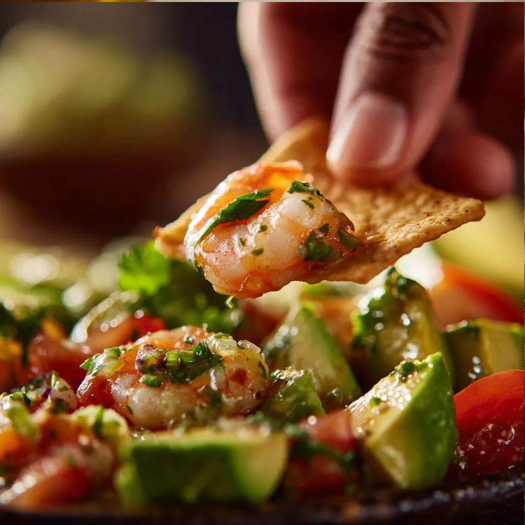 Zesty Shrimp Avocado Salad, showing the shrimp, avocado, and vegetables coated in the dressing on a chip
