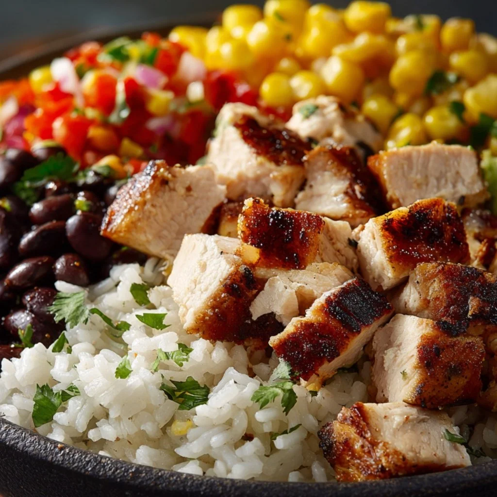 Close-up of assembled chicken burrito bowl