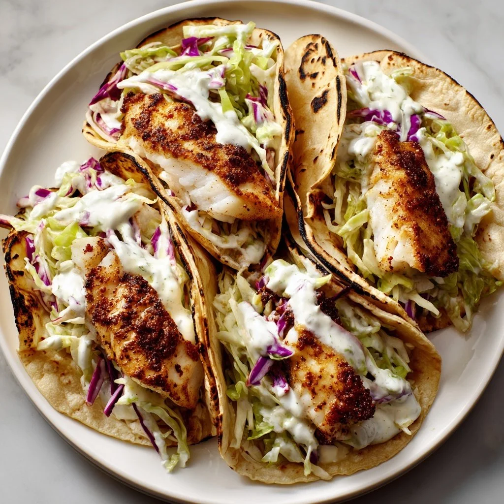Fish tacos, assembled in a circle on a white plate
