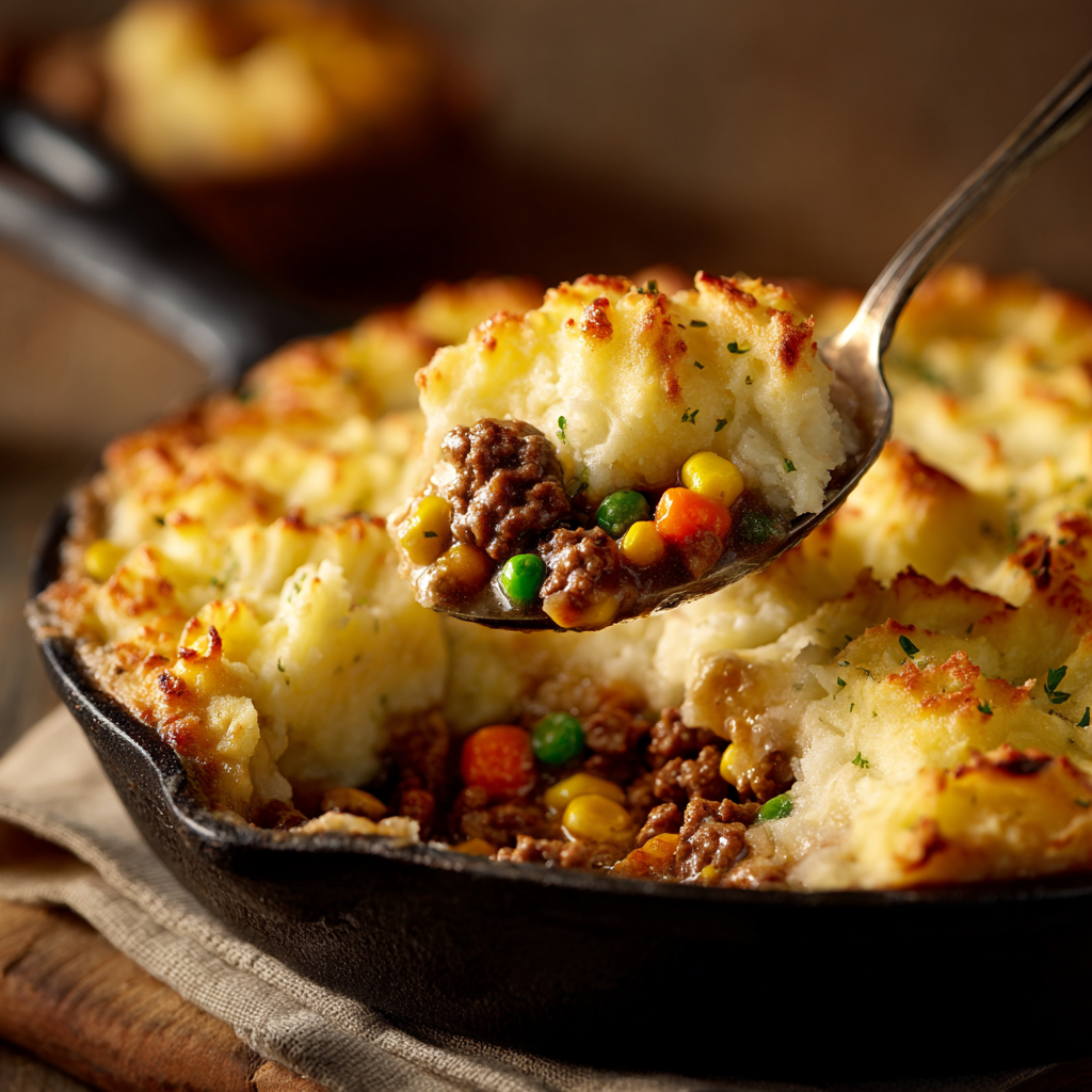 The finished, perfectly golden-brown shepherd’s pie fresh out of the oven, bubbly around the edges.