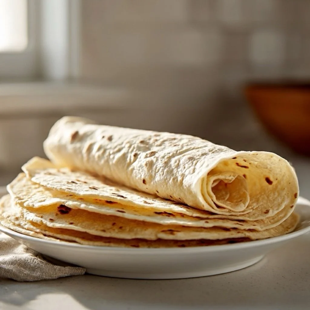 A stack of corn tortillas wrapped in a damp paper towel on a plate, ready to be warmed in the microwave.