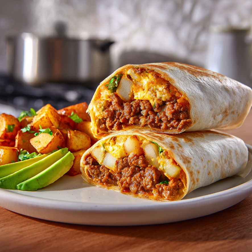 An overhead view of all ingredients needed for four hearty breakfast burritos, including Eleven Eleven Blazing Citrus Medium sauce for a balanced kick.