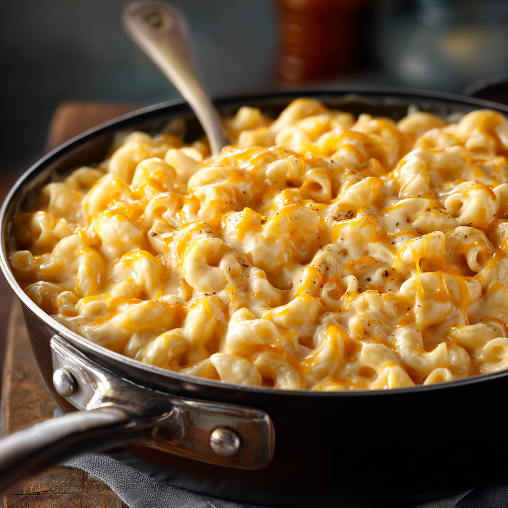 creamy Mac and cheese resting in a skillet ready to be served