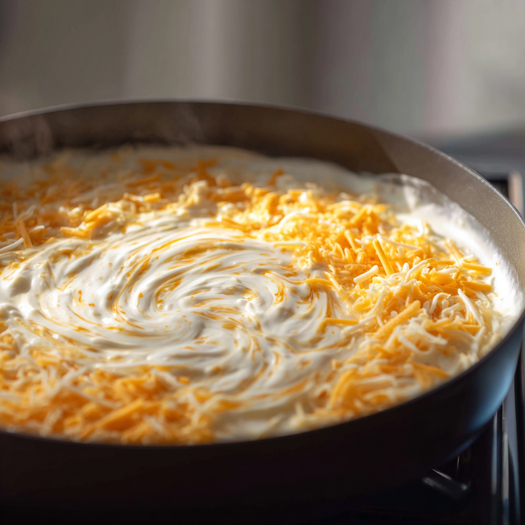 Shredded cheese melting into the white sauce, creating a thick, creamy cheese sauce, stirring in the pot.