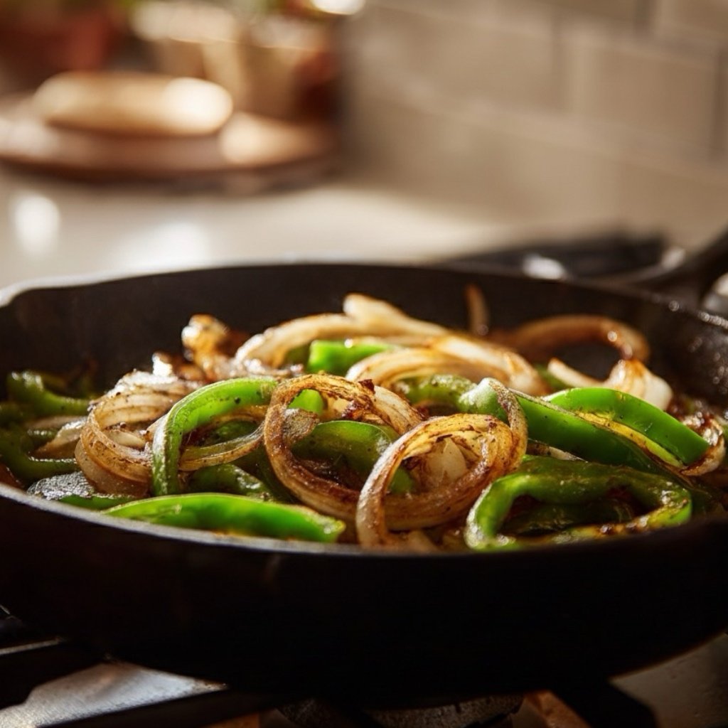 Thinly sliced yellow onions and green bell peppers sautéing in a black cast iron skillet.