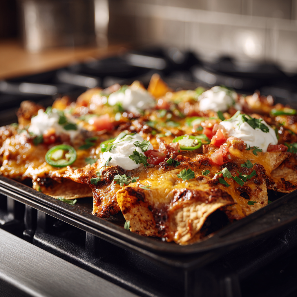 Layered supreme nachos out of the oven