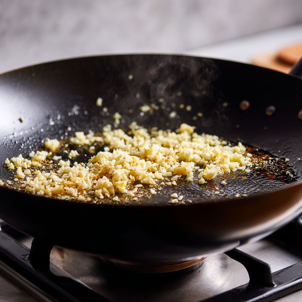 Minced garlic sizzling in butter in a skillet
