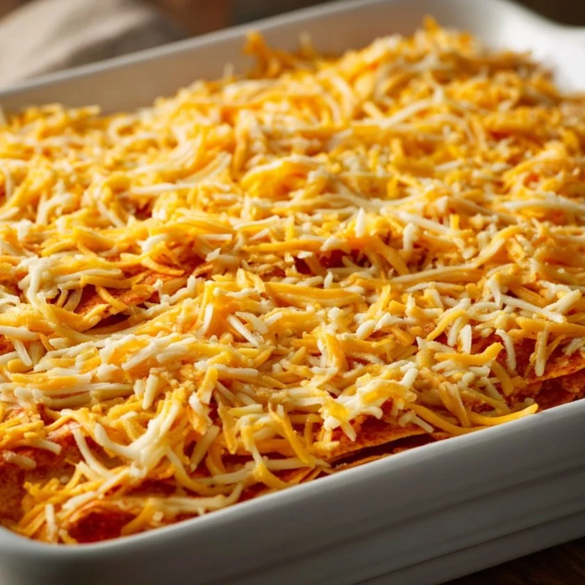 screed cheese added to filling and tortillas in baking dish