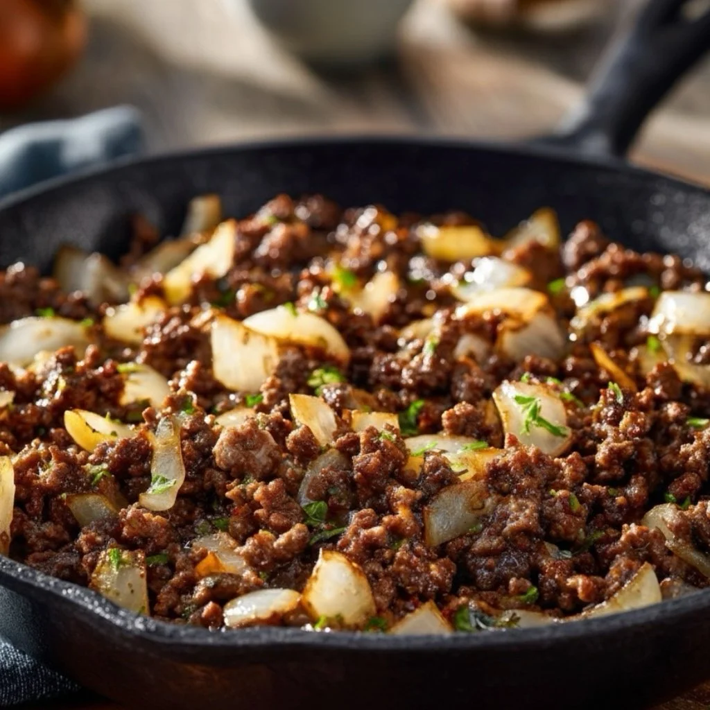 Ground beef and onions browning in a cast iron skillet.