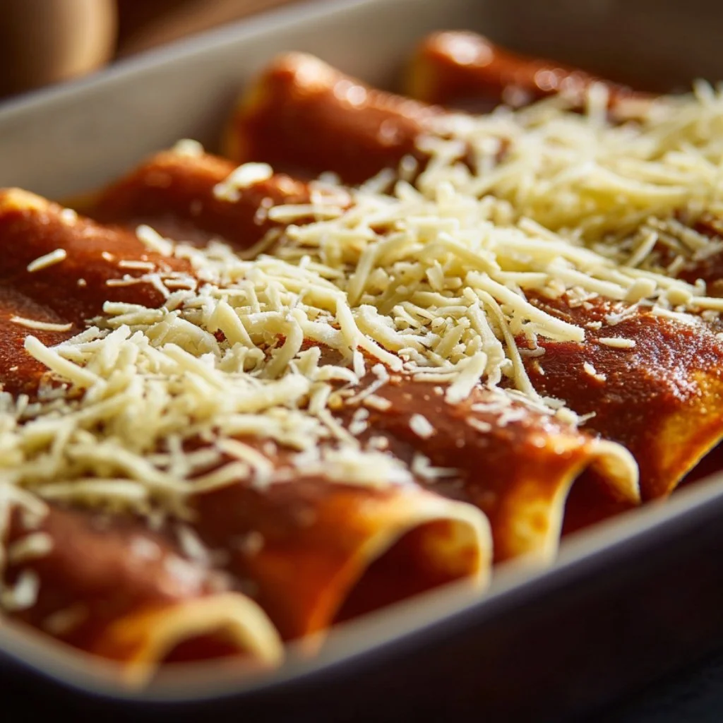 Several enchiladas rolled up with the beef filling and placed seam-side down in a greased baking dish, before the final sauce is added.