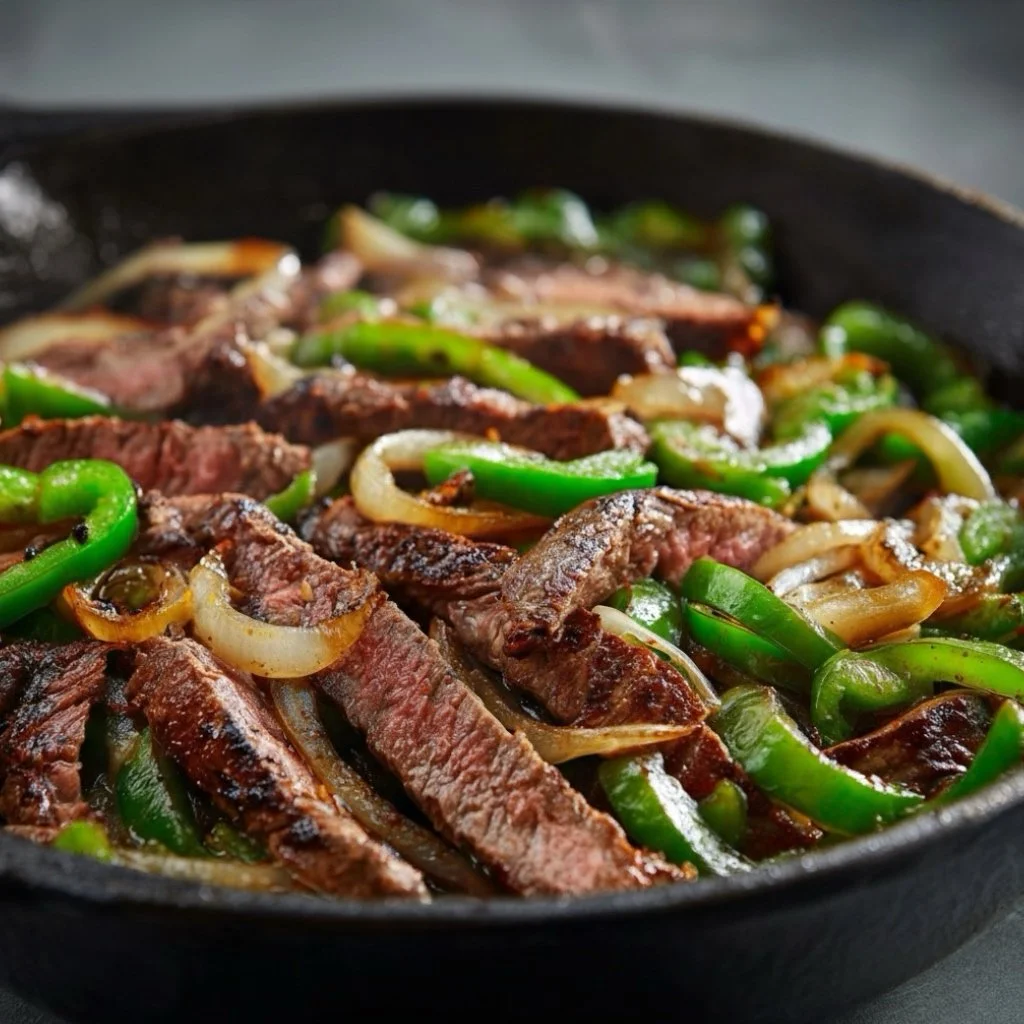 Thinly sliced ribeye steak cooking and being chopped with a metal spatula in the hot cast iron skillet.