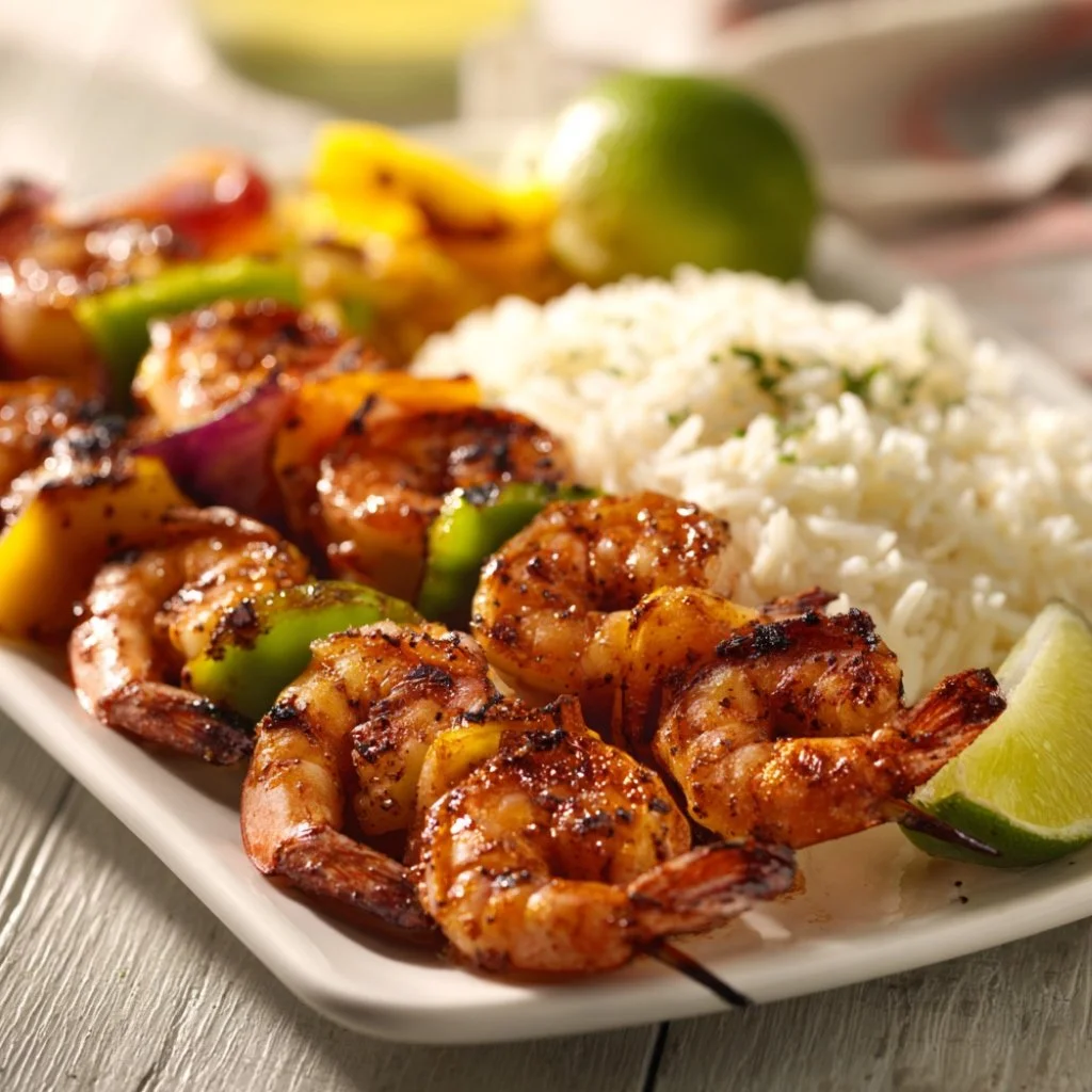 Finished shrimp skewers resting on a platter, showing attractive char marks