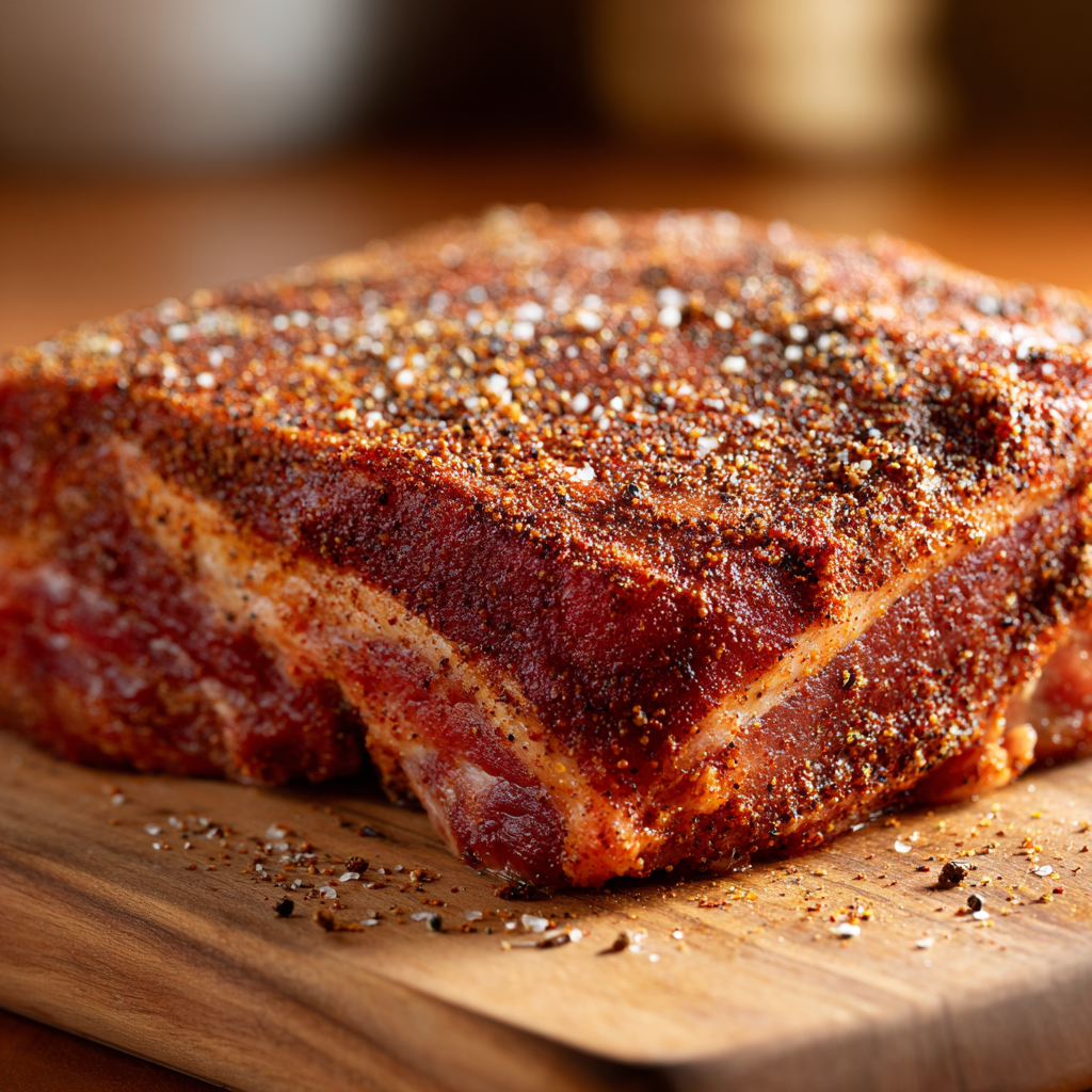 Visual step one for making pulled pork: a close-up of the pork shoulder rubbed with the brown sugar and spice mix.