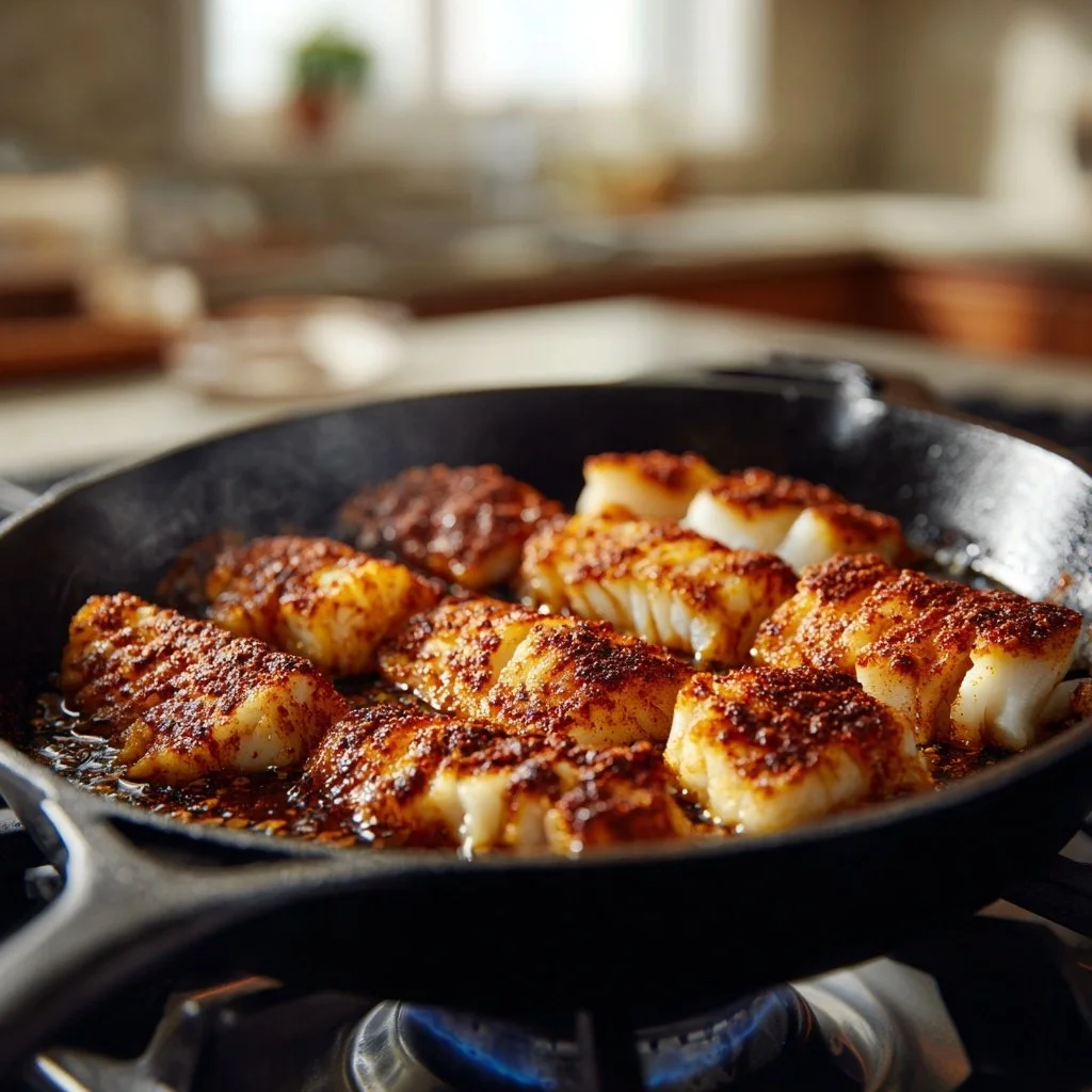 Fish searing on black skillet