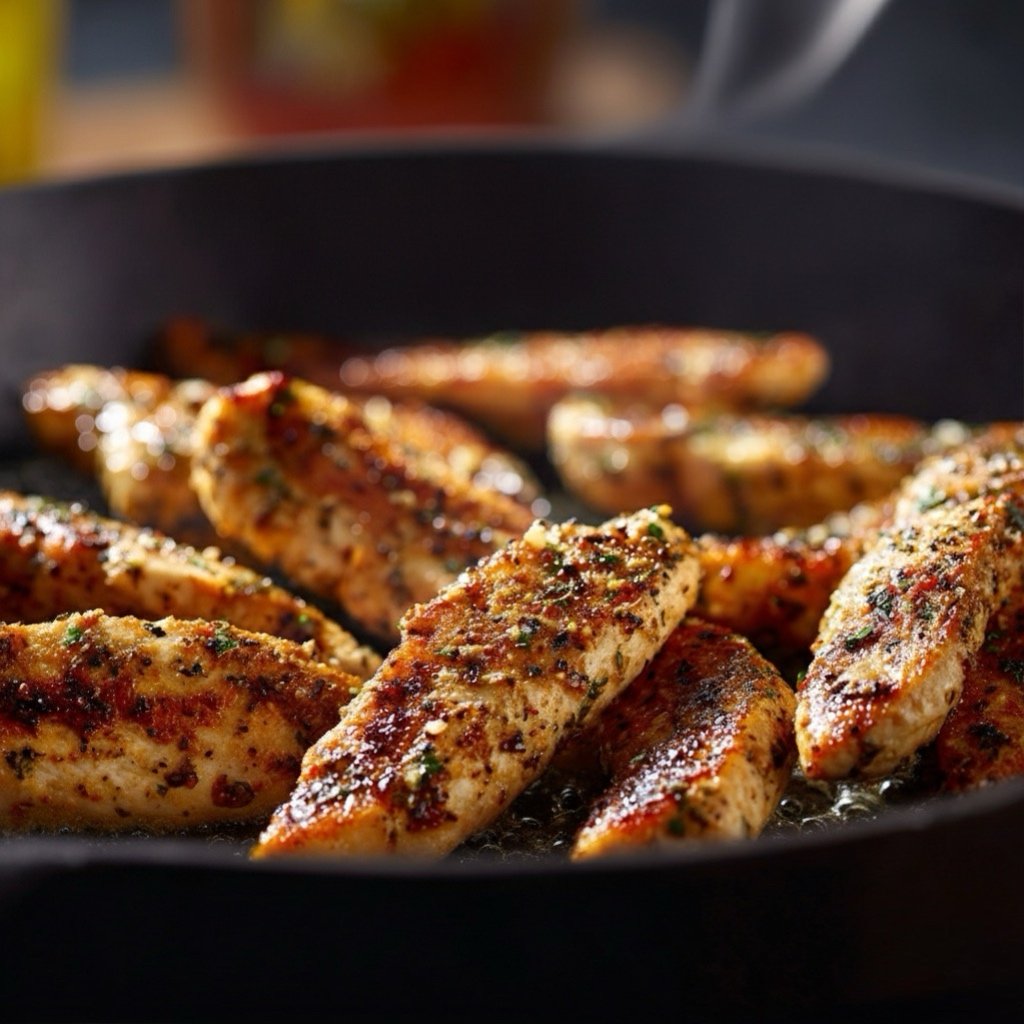 Chicken pieces cooking in a hot cast iron skillet.