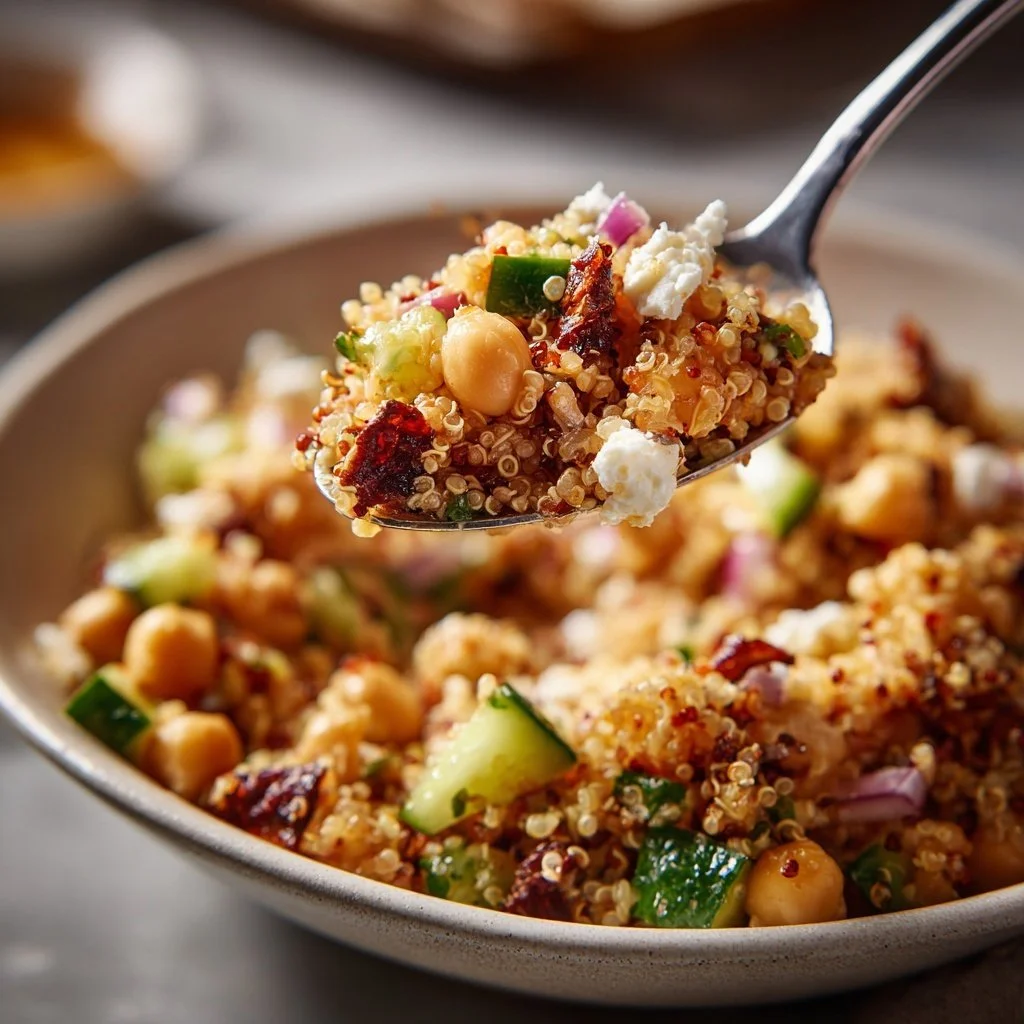 Spoonful of finished quinoa bowl with feta on top