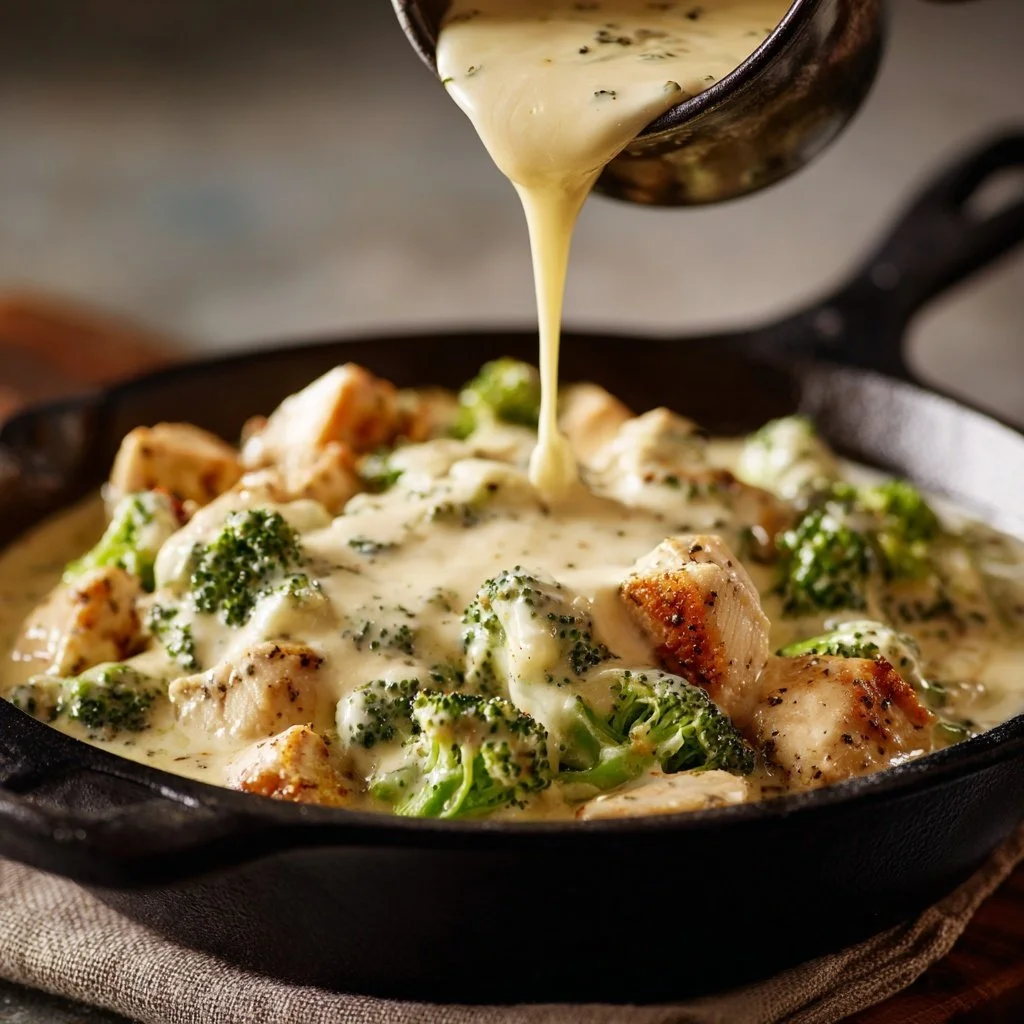 Cheese sauce being poured on broccoli and chicken cubes