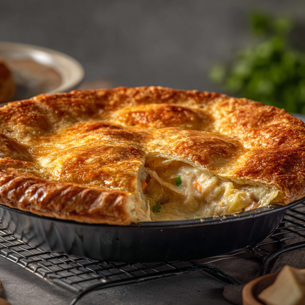 The finished, perfectly golden-brown chicken pot pie resting on a cooling rack after baking.