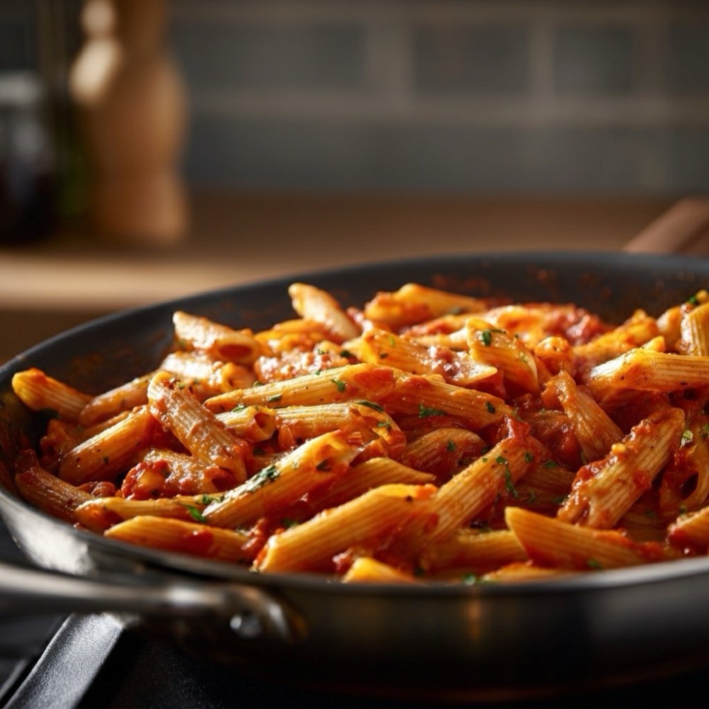 penne pasta being tossed completely with the red arrabiata sauce in the large skillet