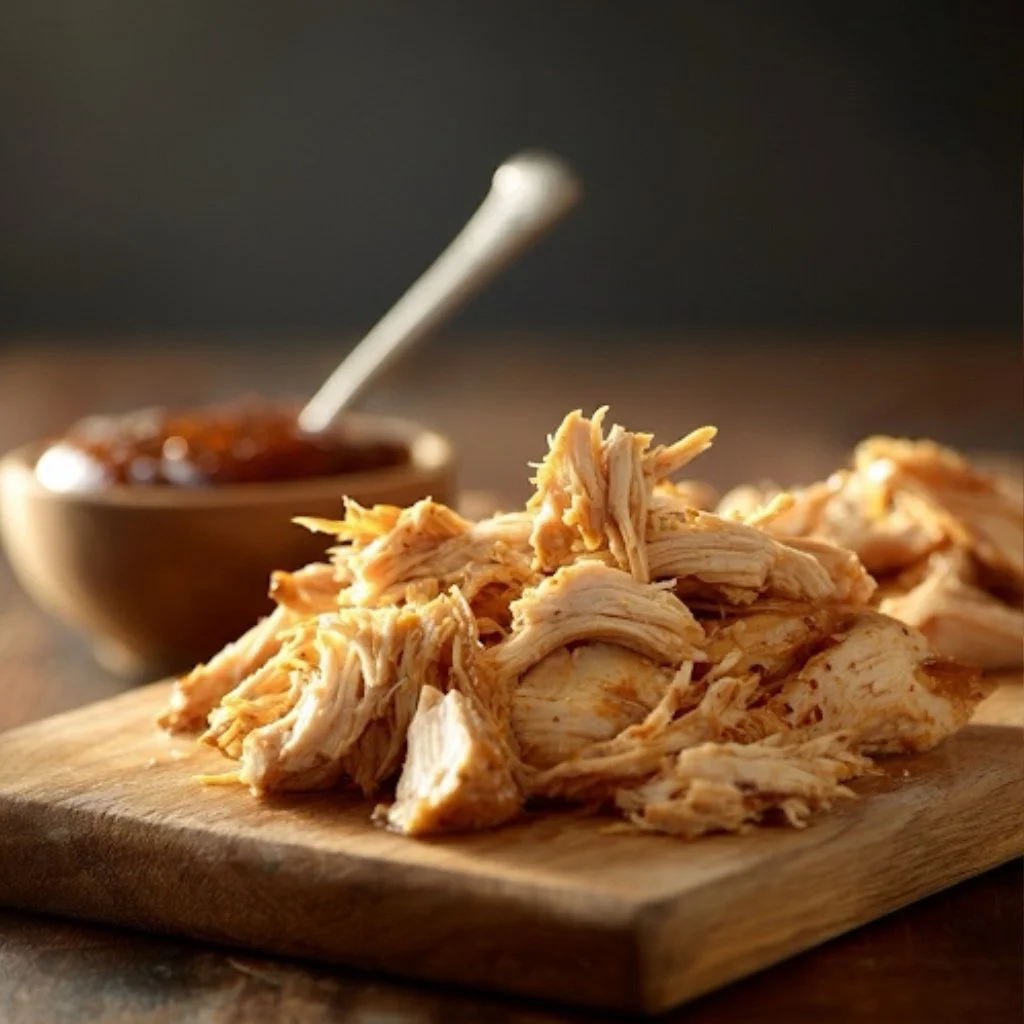 Close-up of cooked chicken in the slow cooker, easily shredding with two forks