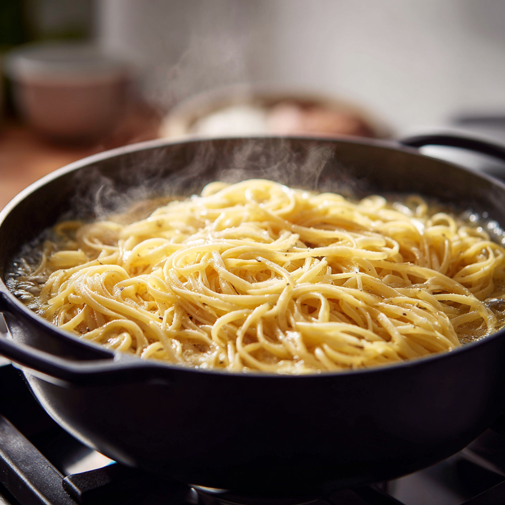 Linguine boiling in a large white pot